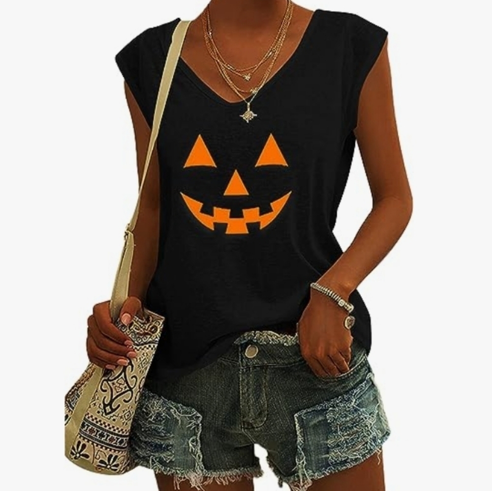 Langwyqu Halloween Pumpkin  Funny Graphic Tank Top Size M